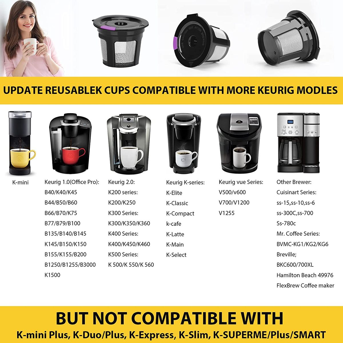 适用于 Keurig 的可重复使用 K 杯，可重复使用 K CUP 咖啡过滤器可再填充单个 K CUP 适用于 Keurig 2.0 1.0 BPA Free-6 包