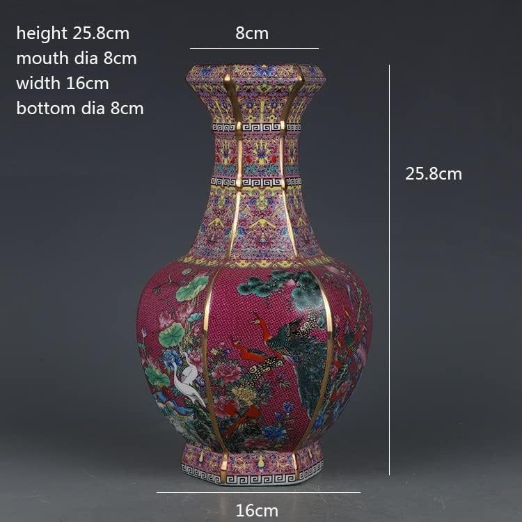 ZSEDP 珐琅红花鸟六角花瓶古董景德镇瓷器家居中式装饰品