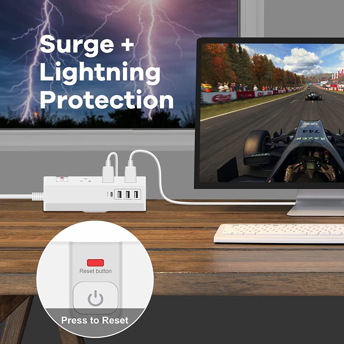 带 USB C 的桌夹式电源板 (20W PD) - 带 3 个插座和 4 个 USB 端口的可拆卸浪涌保护器 - 多插座插头边缘安装桌面电源充电集线器 - 家庭办公桌配件