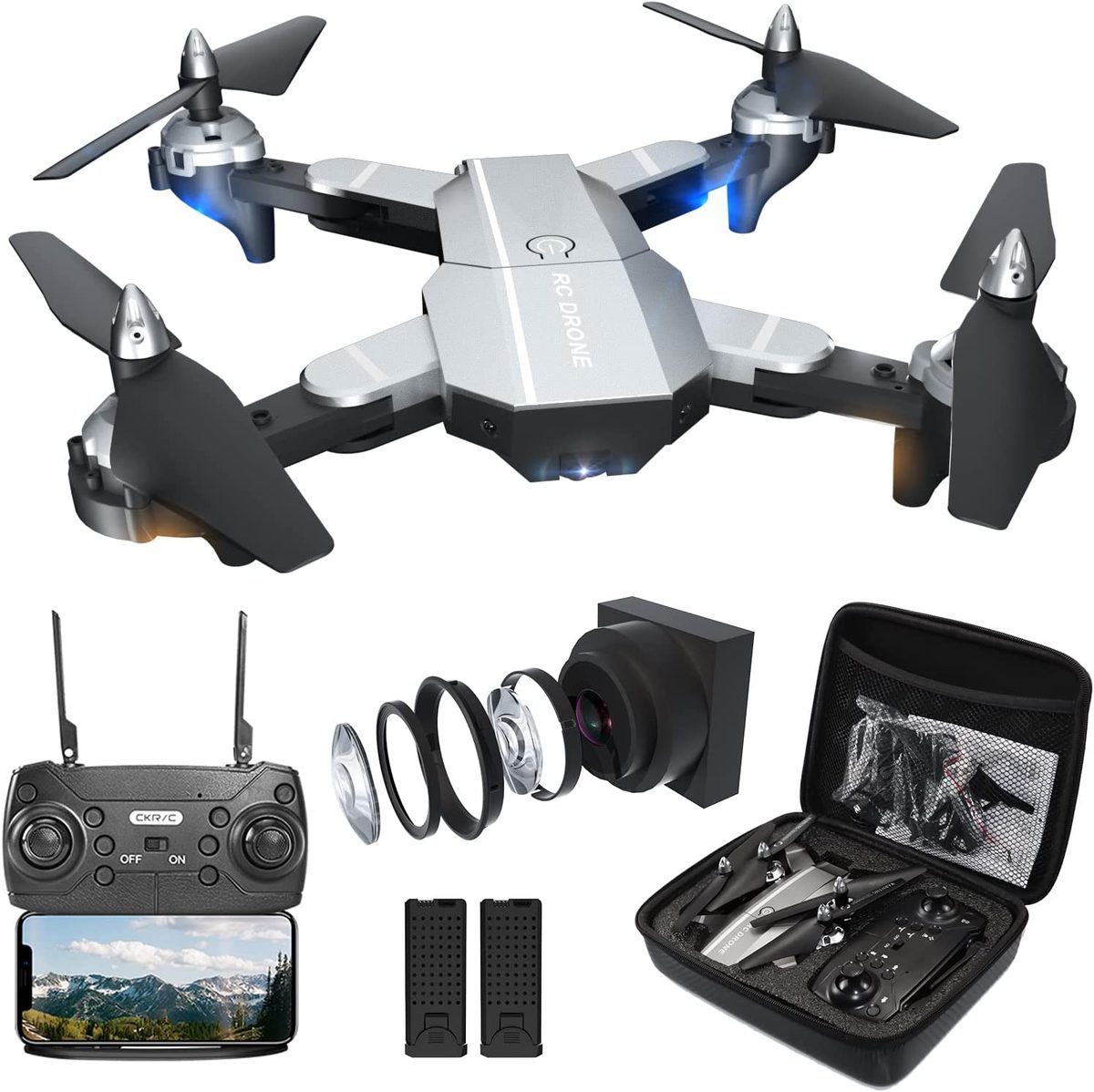 成人用 4K 摄像头无人机，双摄像头可折叠遥控四轴飞行器，带 FPV 视频一键启动高度保持无头模式 3D 翻转航点飞行 2 节电池
