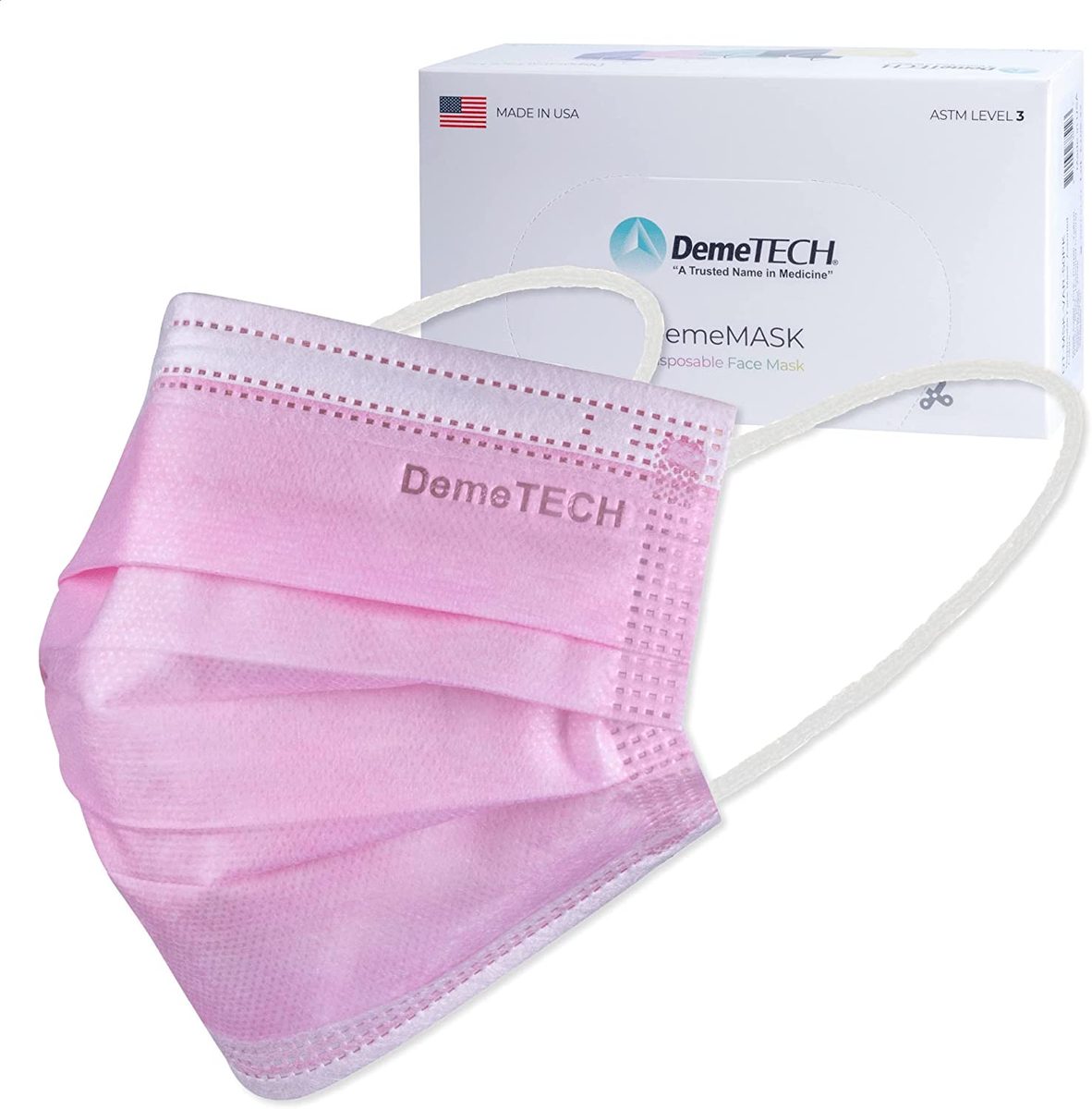 层保护盒 50 个成人一次性口罩带耳挂，美国制造，DemeTECH