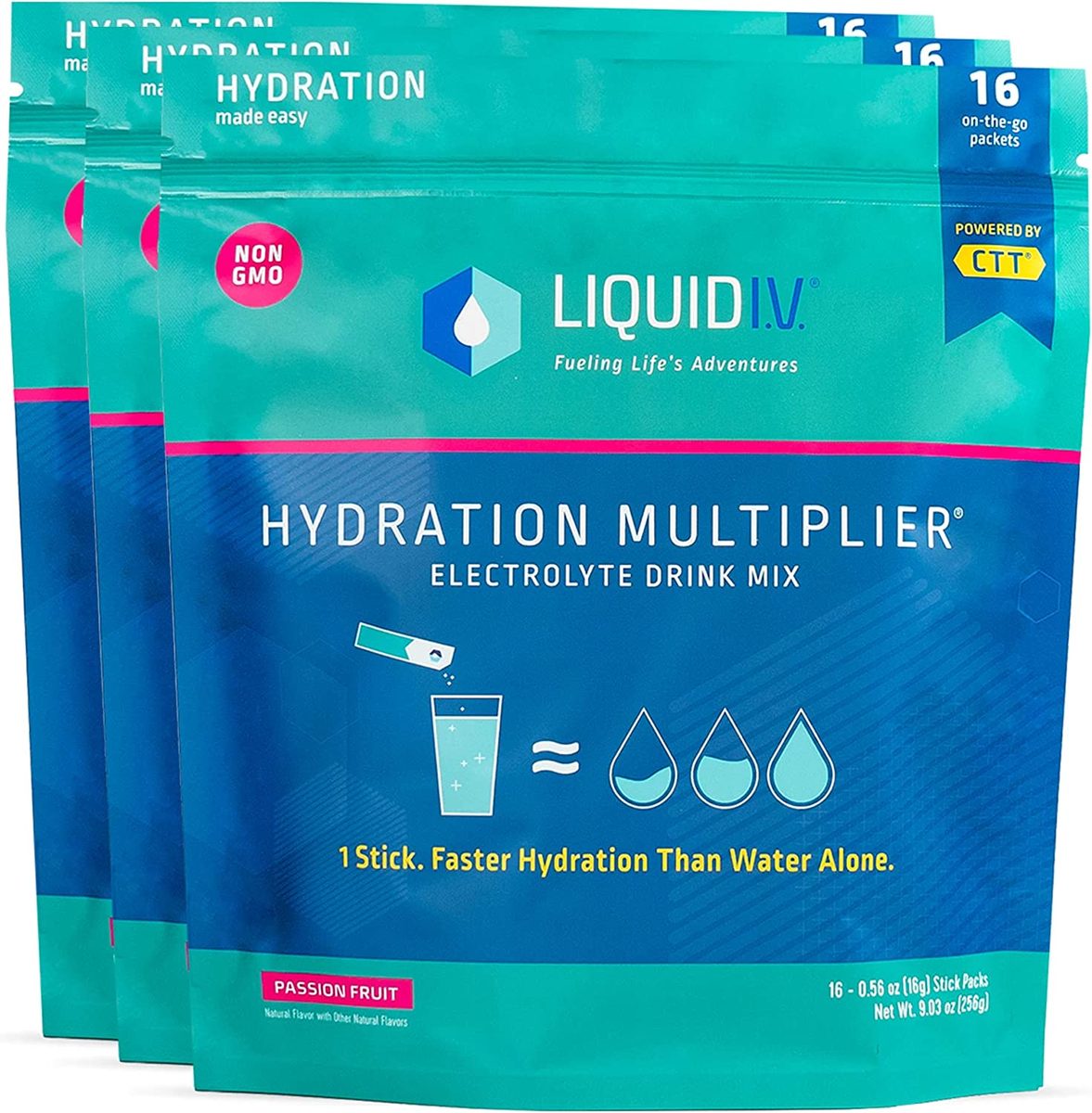 液体 IV 补水倍增器 - 百香果 - 补水粉包 |电解质混合饮料 |易开单份棒 |非转基因 | 16支