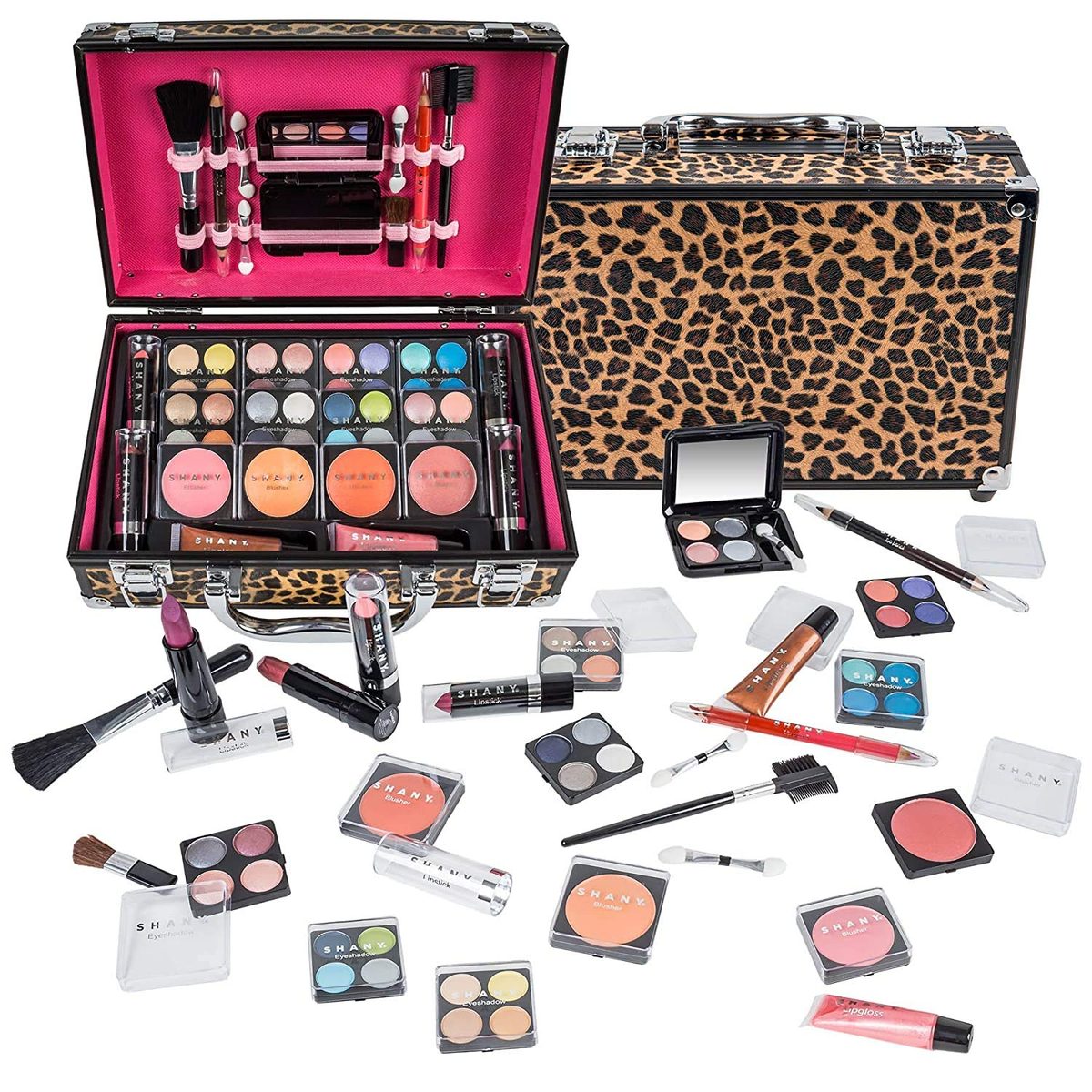 SHANY Carry All Makeup Train Case 配备专业青少年化妆套装、化妆刷、唇膏、眼影、腮红等 - 豹纹