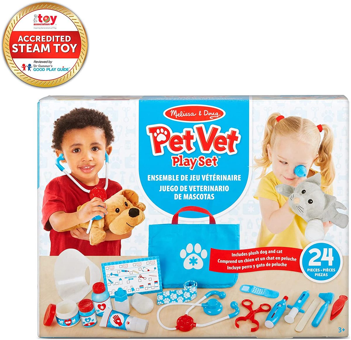 Melissa & Doug 检查和治疗宠物兽医玩具套装（24 件）- 儿童兽医玩具套装，儿童兽医套装，STEAM 玩具，角色扮演医生套装，适合 3 岁以上儿童