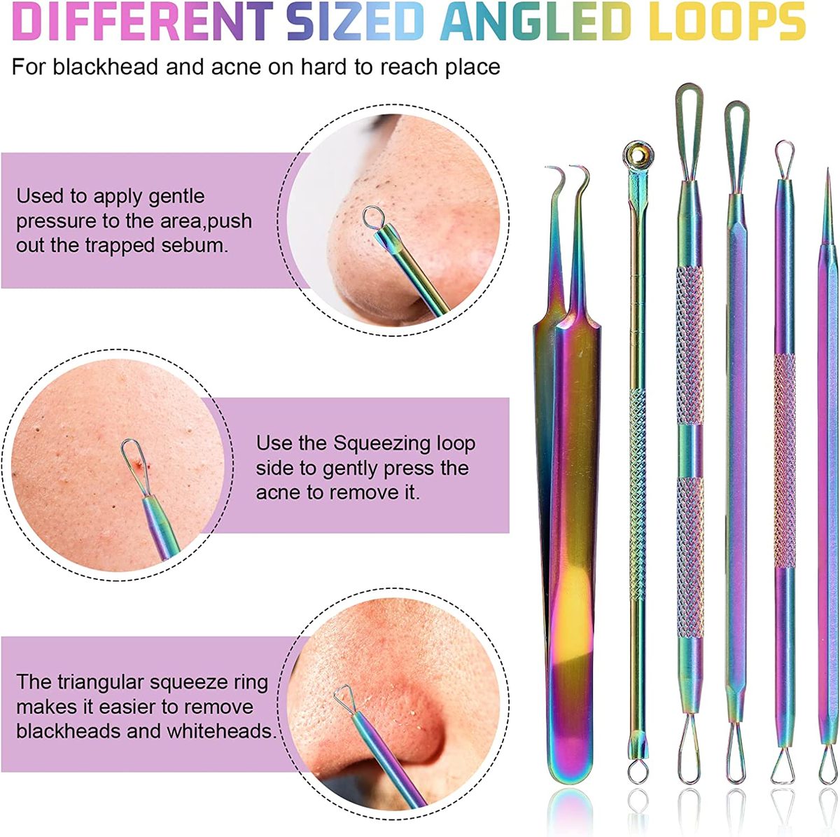 JPNK 去黑头工具，不锈钢 Pimple Popper 工具套件，包括 6 件 Comedone Extractor 和 10X Blackhead Mirror