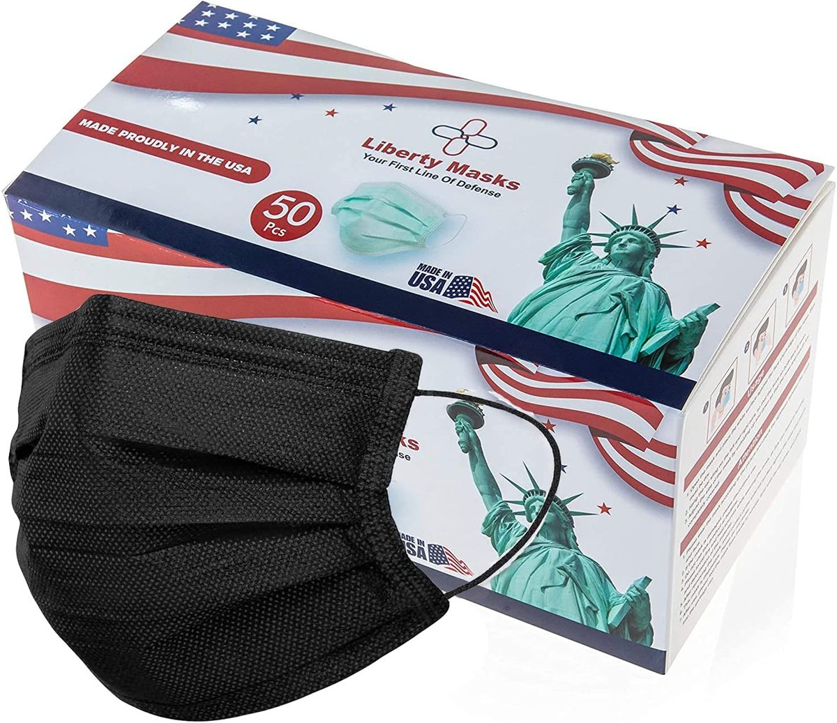 [50 片装]<liberty 面具 |美国制造 |黑色 | 3 层一次性口罩 |可调节鼻线 |透气面罩 |轻量化 |柔软的弹性耳挂