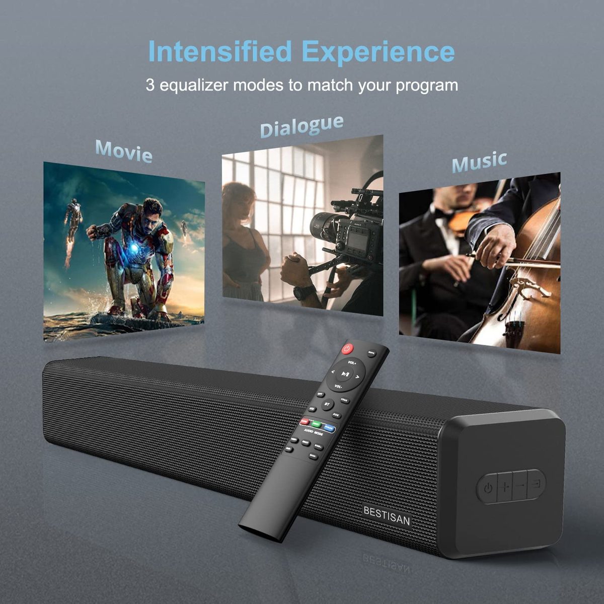 BESTISAN，100 瓦 HDMI 条形音箱，适用于带内置低音炮家庭影院系统的电视（32 英寸，子输出端口，蓝牙 5.0，3 种音频模式，低音可调，壁挂式，2022 升级版）