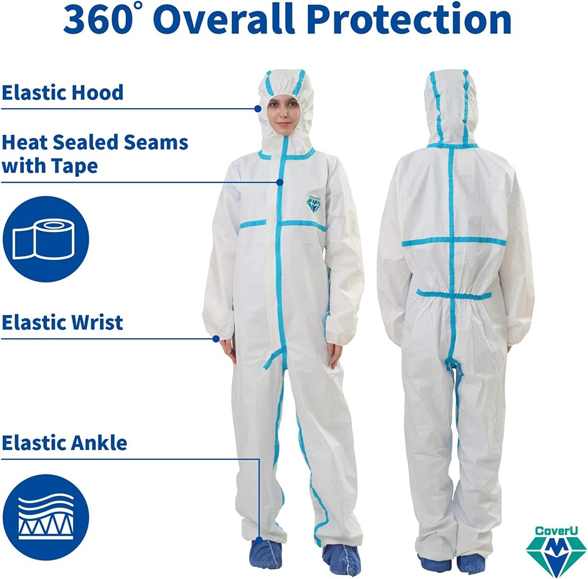 Medtecs Hazmat 套装 - 6 种尺寸选项（1 件）- 织物通过 AAMI 4 级一次性防护服 PPE 套装用于生物危害化学防护 - CoverU 全身防护服带罩 |大号