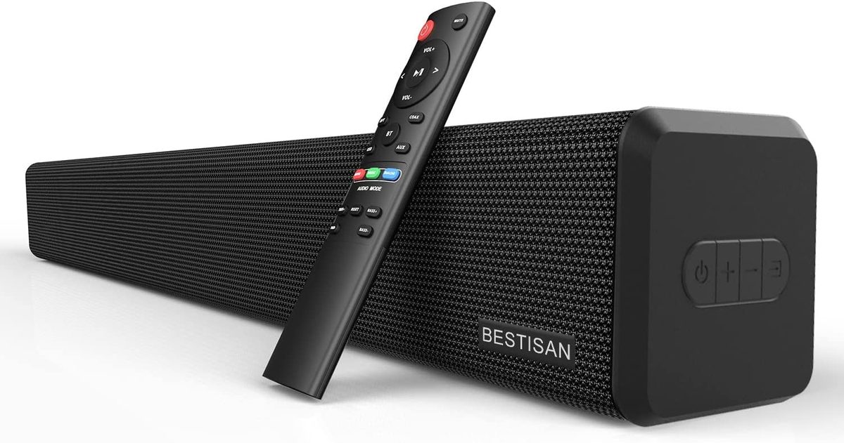 BESTISAN，100 瓦 HDMI 条形音箱，适用于带内置低音炮家庭影院系统的电视（32 英寸，子输出端口，蓝牙 5.0，3 种音频模式，低音可调，壁挂式，2022 升级版）