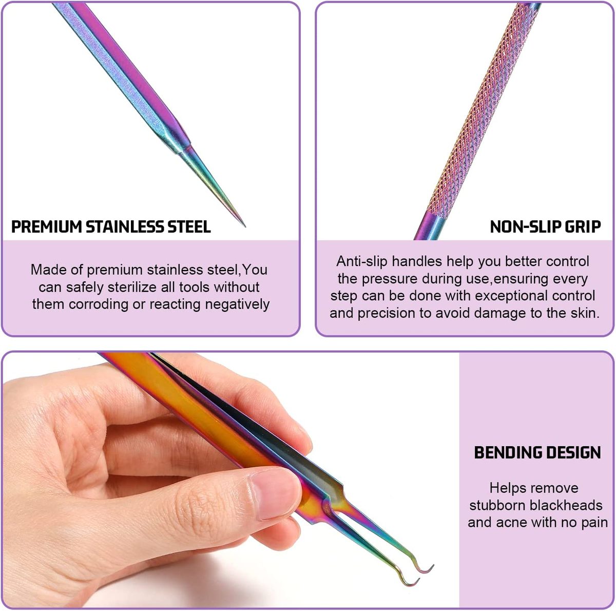 JPNK 去黑头工具，不锈钢 Pimple Popper 工具套件，包括 6 件 Comedone Extractor 和 10X Blackhead Mirror