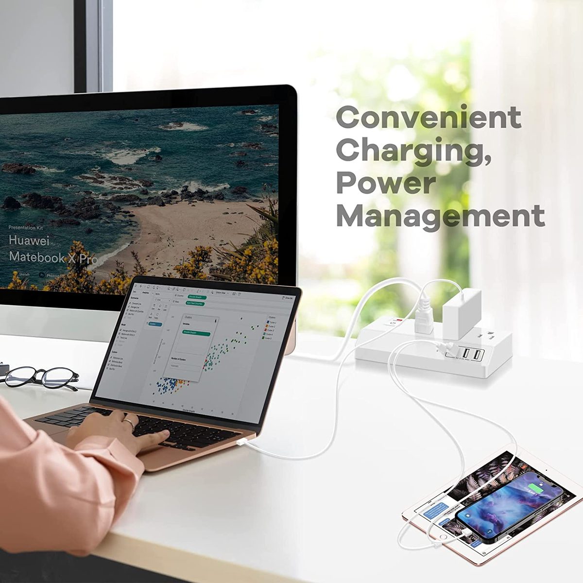 带 USB C 的桌夹式电源板 (20W PD) - 带 3 个插座和 4 个 USB 端口的可拆卸浪涌保护器 - 多插座插头边缘安装桌面电源充电集线器 - 家庭办公桌配件