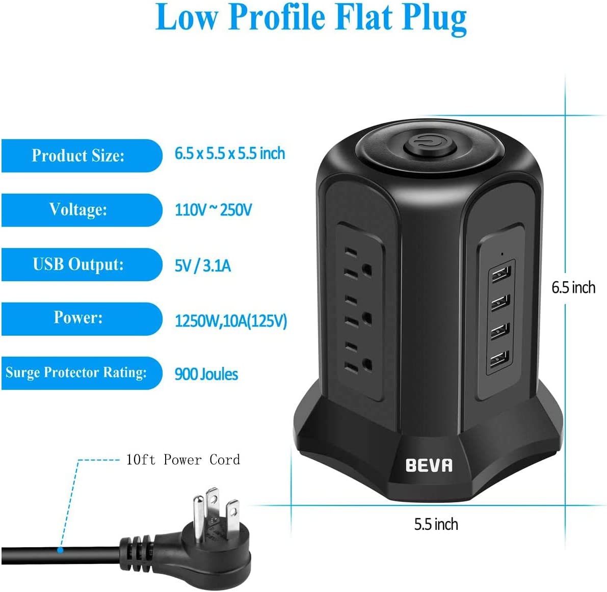 Power Strip Tower 浪涌保护器 BEVA 10 英尺扁平插头桌面充电站 9 个交流电源插座 4 个 USB 端口，900 焦耳，用于家庭办公设备智能手机电脑平板电脑的长延长线（黑色）