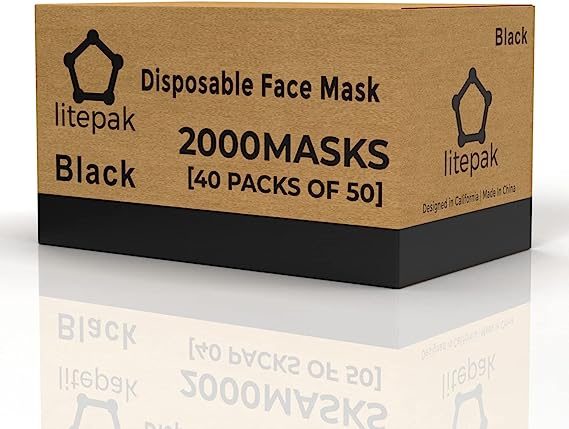Litepak 2000 片一次性口罩黑色 3 层成人口罩鼻线保护 - 透气防护面罩