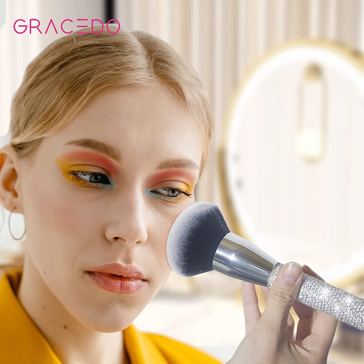 Bling Powder 化妆刷，带钻石水钻手柄，大号矿物全脸定妆粉底刷，Vegan Face Foundation Brush 用于古铜色修容，松散、矿物、紧凑、半透明粉末