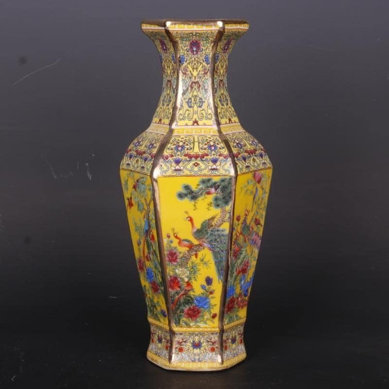 ZSEDP 景德镇古董珐琅六边形花瓶 黄色花鸟图案花瓶