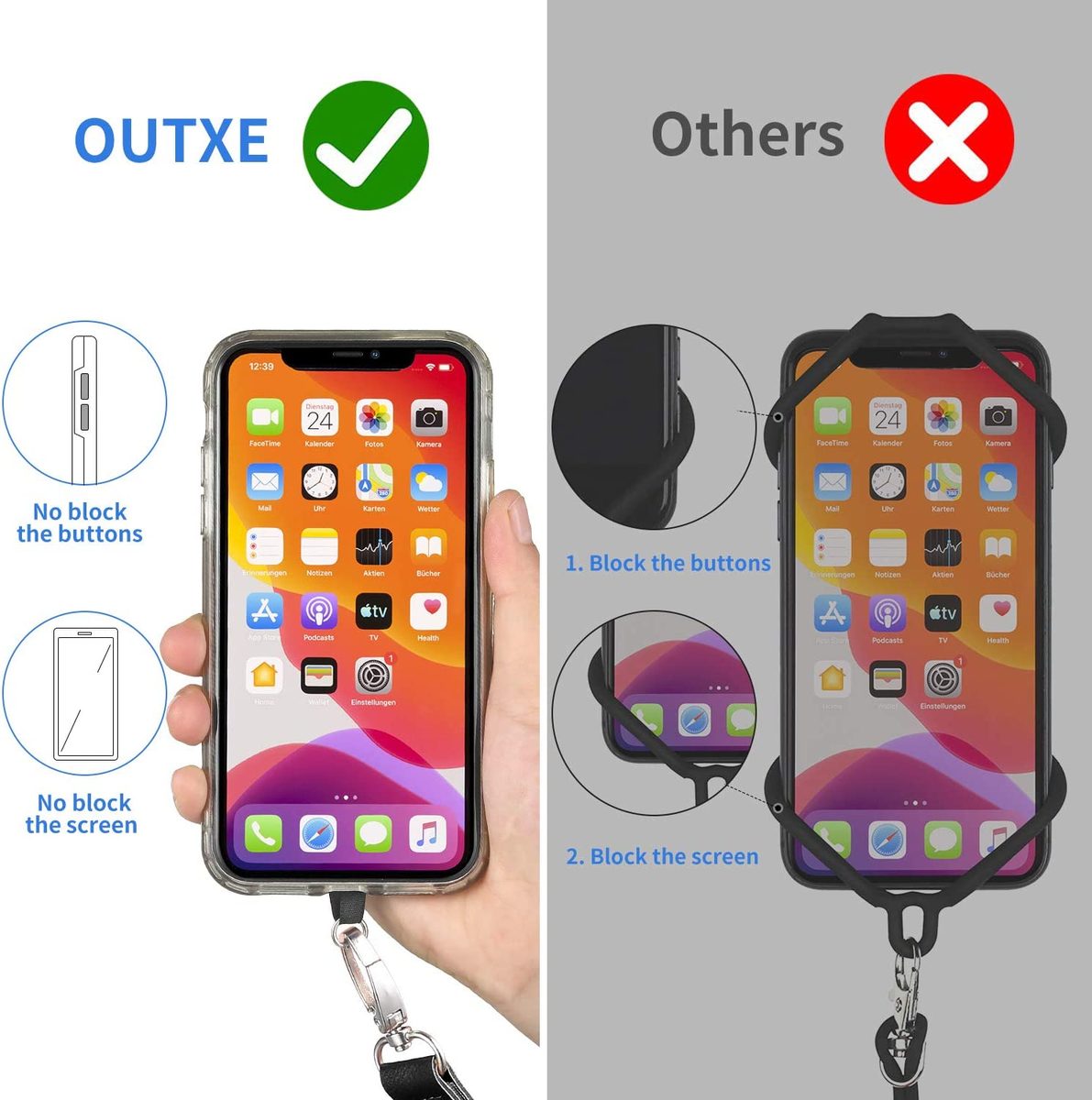 OUTXE 手机挂绳 - 4 个护垫，1 个可调节颈带，1 个腕带，尼龙手机挂绳，兼容所有智能手机