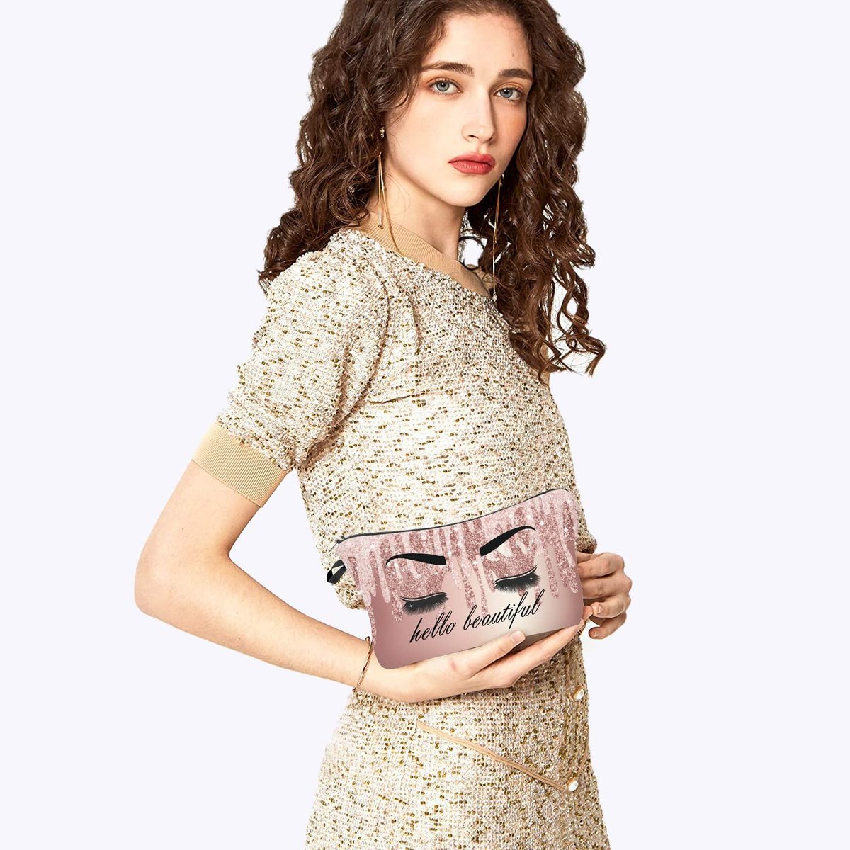 Hello Gorgeous 化妆包钱包睫毛粉红色化妆包女士励志礼物女孩小趣味化妆品闪光眼影旅行包盒化妆品配件收纳包