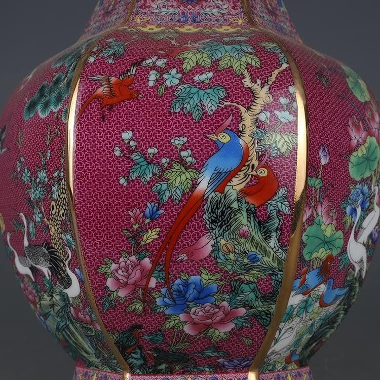ZSEDP 珐琅红花鸟六角花瓶古董景德镇瓷器家居中式装饰品