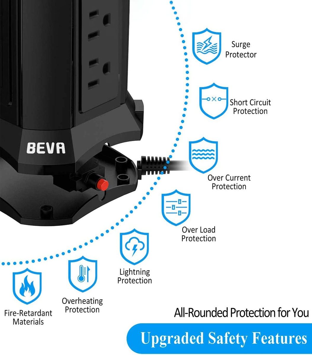 Power Strip Tower 浪涌保护器 BEVA 10 英尺扁平插头桌面充电站 9 个交流电源插座 4 个 USB 端口，900 焦耳，用于家庭办公设备智能手机电脑平板电脑的长延长线（黑色）