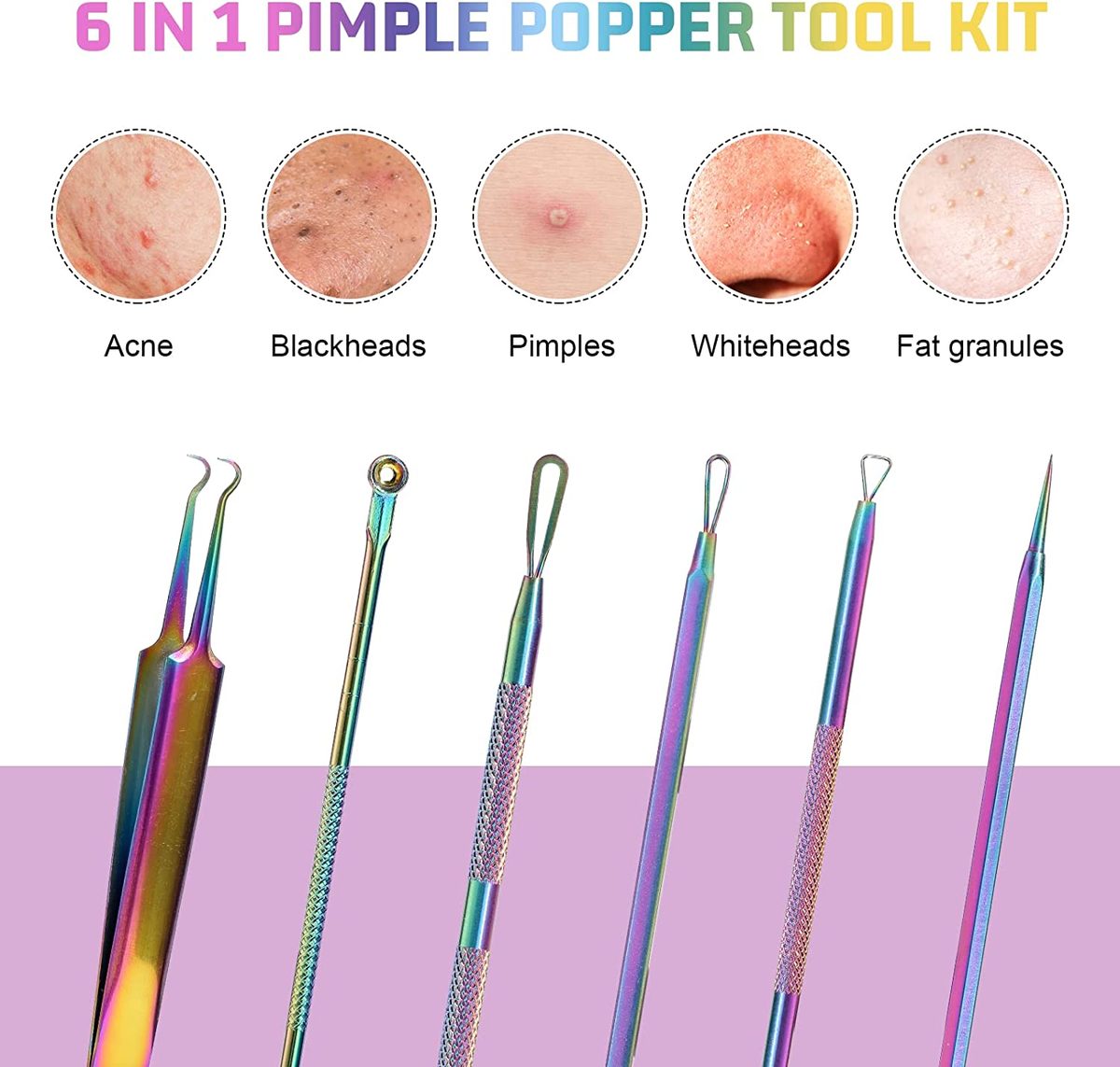 JPNK 去黑头工具，不锈钢 Pimple Popper 工具套件，包括 6 件 Comedone Extractor 和 10X Blackhead Mirror