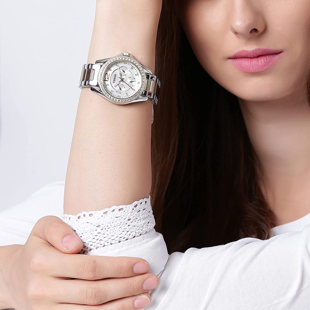 Fossil 女式 Riley 不锈钢水晶装饰多功能石英手表