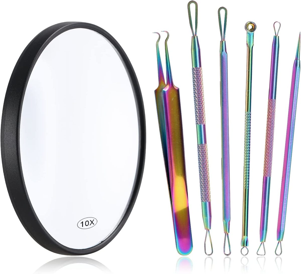 JPNK 去黑头工具，不锈钢 Pimple Popper 工具套件，包括 6 件 Comedone Extractor 和 10X Blackhead Mirror