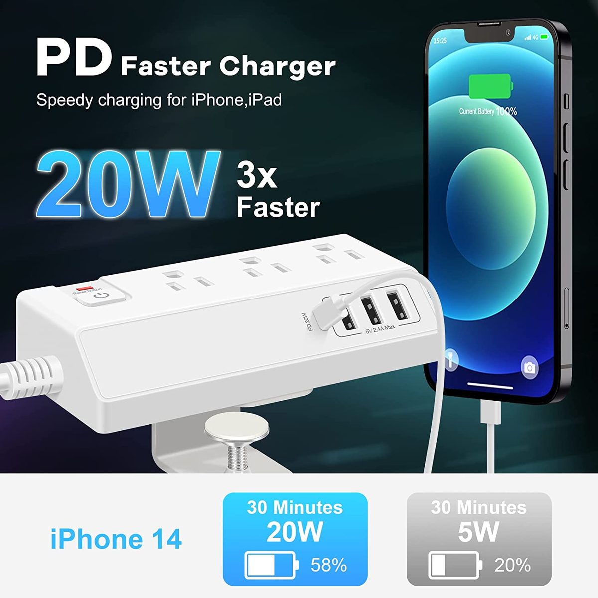 带 USB C 的桌夹式电源板 (20W PD) - 带 3 个插座和 4 个 USB 端口的可拆卸浪涌保护器 - 多插座插头边缘安装桌面电源充电集线器 - 家庭办公桌配件