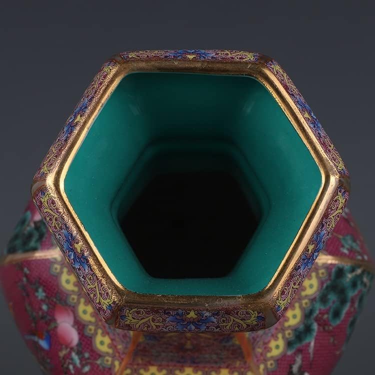 ZSEDP 珐琅红花鸟六角花瓶古董景德镇瓷器家居中式装饰品