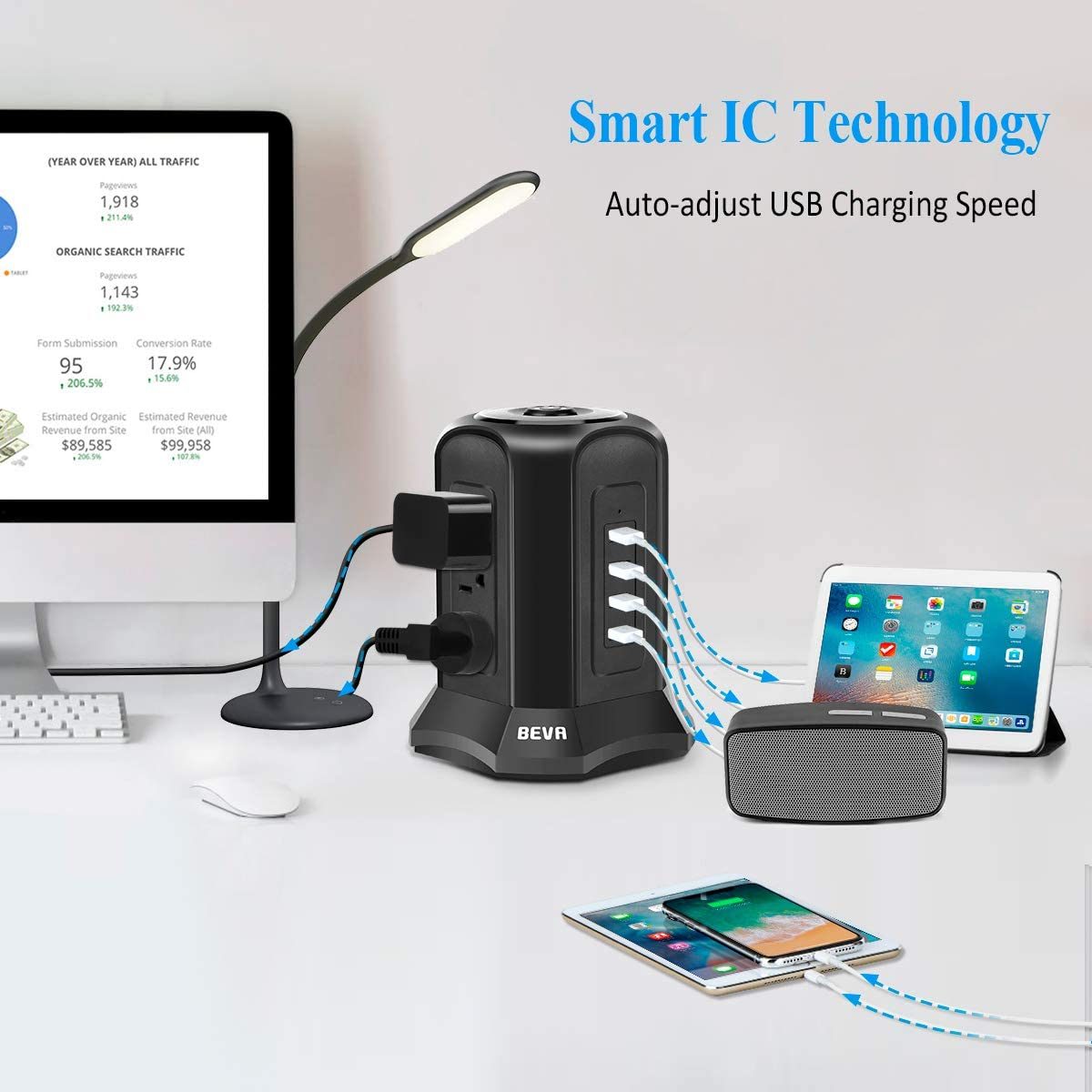Power Strip Tower 浪涌保护器 BEVA 10 英尺扁平插头桌面充电站 9 个交流电源插座 4 个 USB 端口，900 焦耳，用于家庭办公设备智能手机电脑平板电脑的长延长线（黑色）