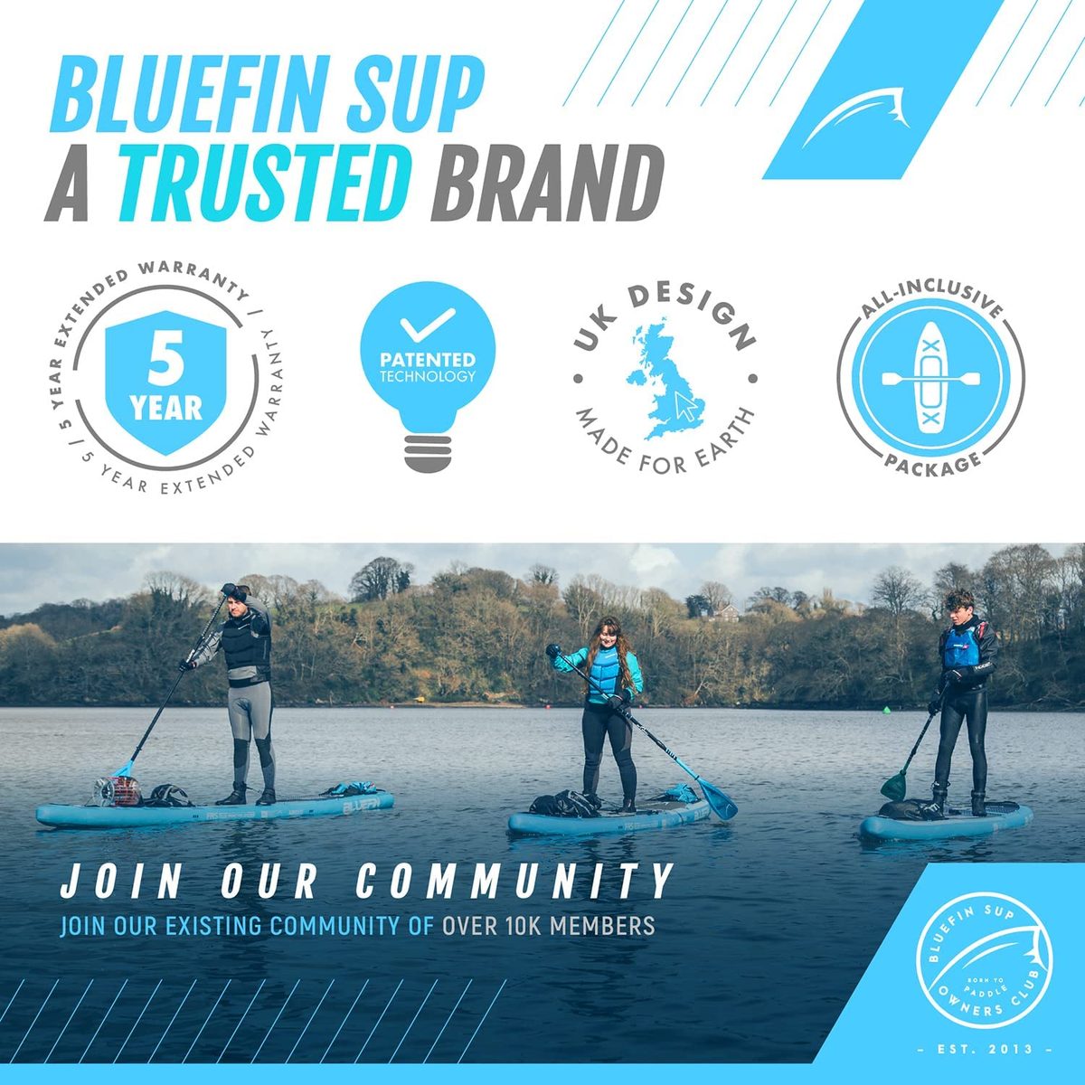 Bluefin Cruise SUP 套餐 |站立式充气桨板 | 6” 厚 |玻璃纤维桨 |皮划艇改装套件 |所有配件 | 5 年保修 |多种尺码：儿童、10'8、12'、15'