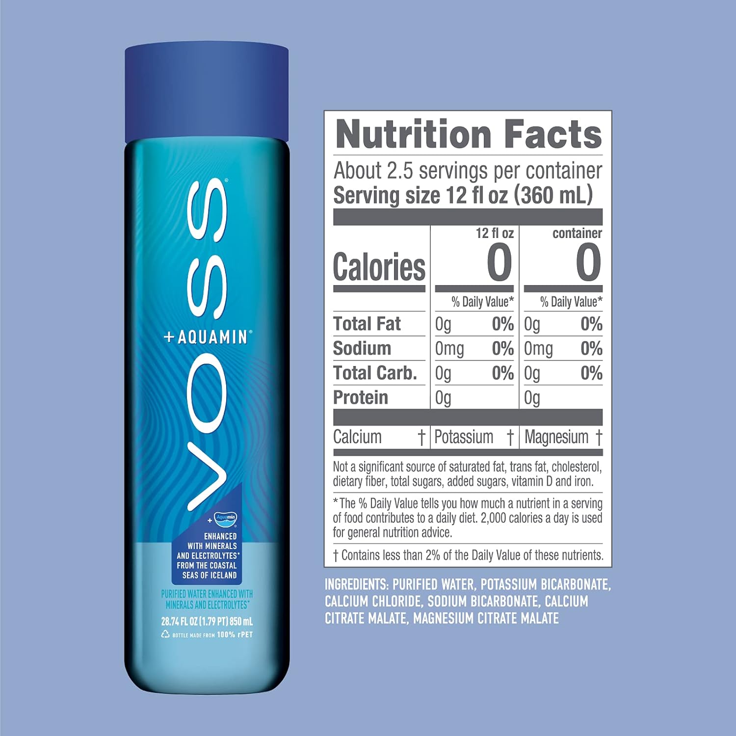 VOSS+Aquamin增强型水-12瓶装，每瓶850毫升-纯净水-74种微量矿物质和电解质-非常适合在健身房和炎热的日子里过积极的生活-再生PET瓶