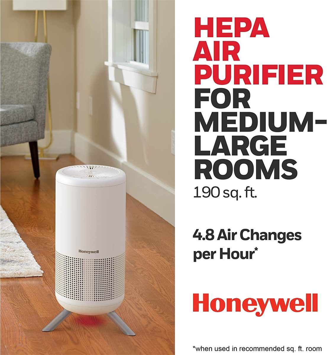 Honeywell Designer UltraQuiet Technology HEPA 空气净化塔，中大型房间（190 平方英尺）白色 - 具有智能自动模式 - 野火、烟雾和空气中的过敏原空气净化器，HPA830