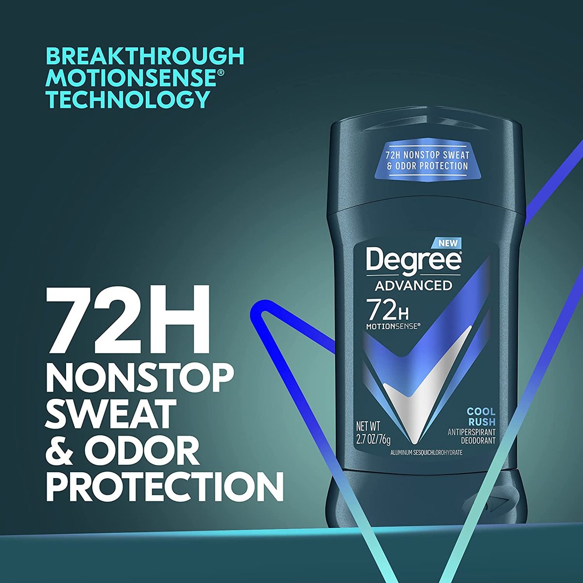 Degree Men Advanced Protection Antiperspirant Deodorant Cool Rush 4 粒装 72 小时防汗防臭止汗剂，采用 MotionSense 技术 2.7 盎司