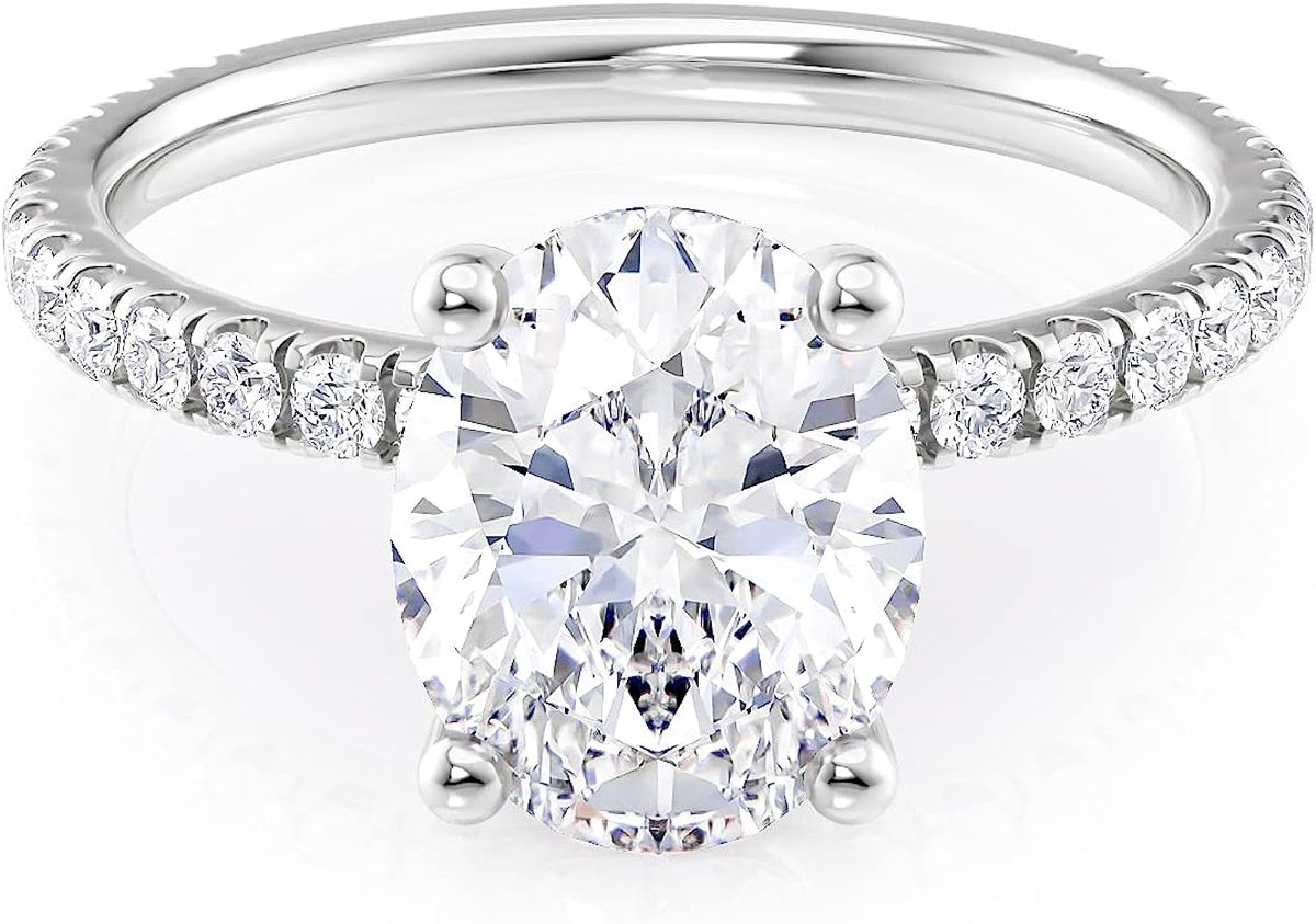 Beverly Hills Jewelers 2 克拉椭圆形莫桑钻订婚戒指镶有 1/4 克拉圆形天然钻石 14K 白金（GH/VS、GH/SI、cttw、DEW）周年纪念定情戒指适合女士尺寸 4 至 11