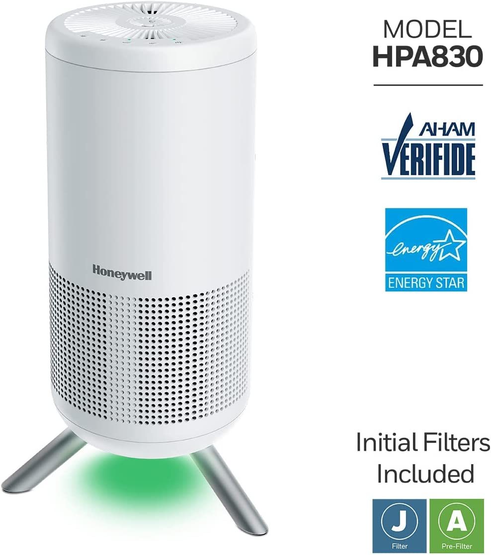 Honeywell Designer UltraQuiet Technology HEPA 空气净化塔，中大型房间（190 平方英尺）白色 - 具有智能自动模式 - 野火、烟雾和空气中的过敏原空气净化器，HPA830