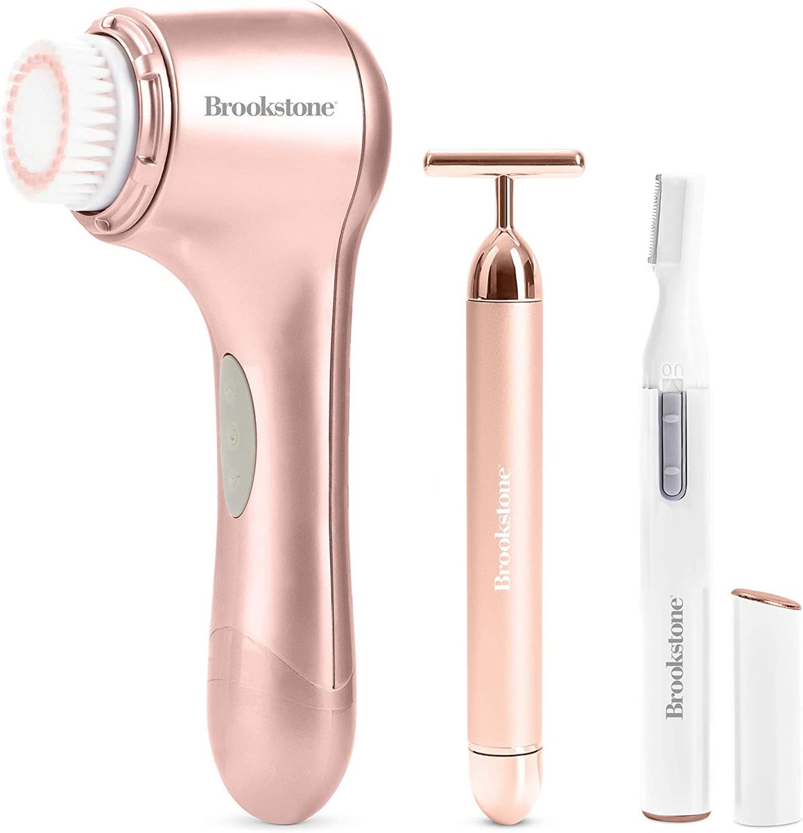 Brookstone 3 合 1 玫瑰金面部护肤套装 |面部护肤产品包括洁面刷、T 型面部按摩器和面部脱毛器 |完美的礼物
