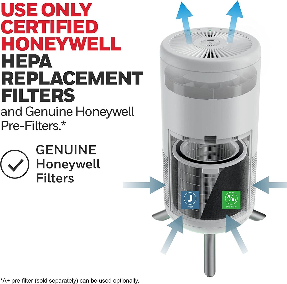Honeywell Designer UltraQuiet Technology HEPA 空气净化塔，中大型房间（190 平方英尺）白色 - 具有智能自动模式 - 野火、烟雾和空气中的过敏原空气净化器，HPA830