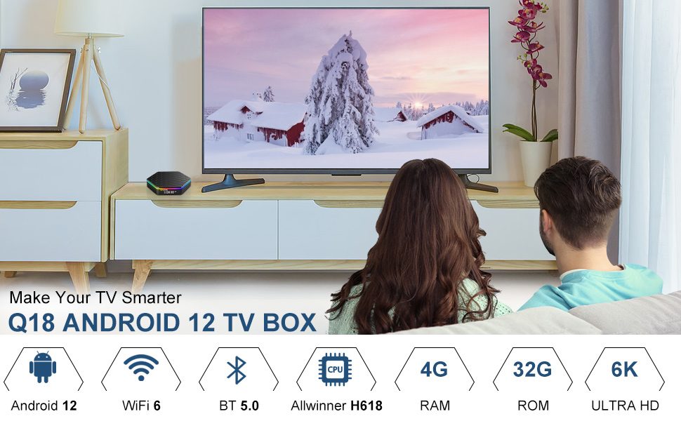 Android 电视盒 12.0 4GB 32GB H618 智能机顶盒支持 WiFi6 2.4GHz/5GHz 超高清分辨率蓝牙 5.0 以太网 LAN 100M 3D 6K 流畅稳定的播放器