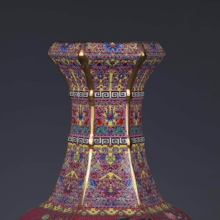 ZSEDP 珐琅红花鸟六角花瓶古董景德镇瓷器家居中式装饰品