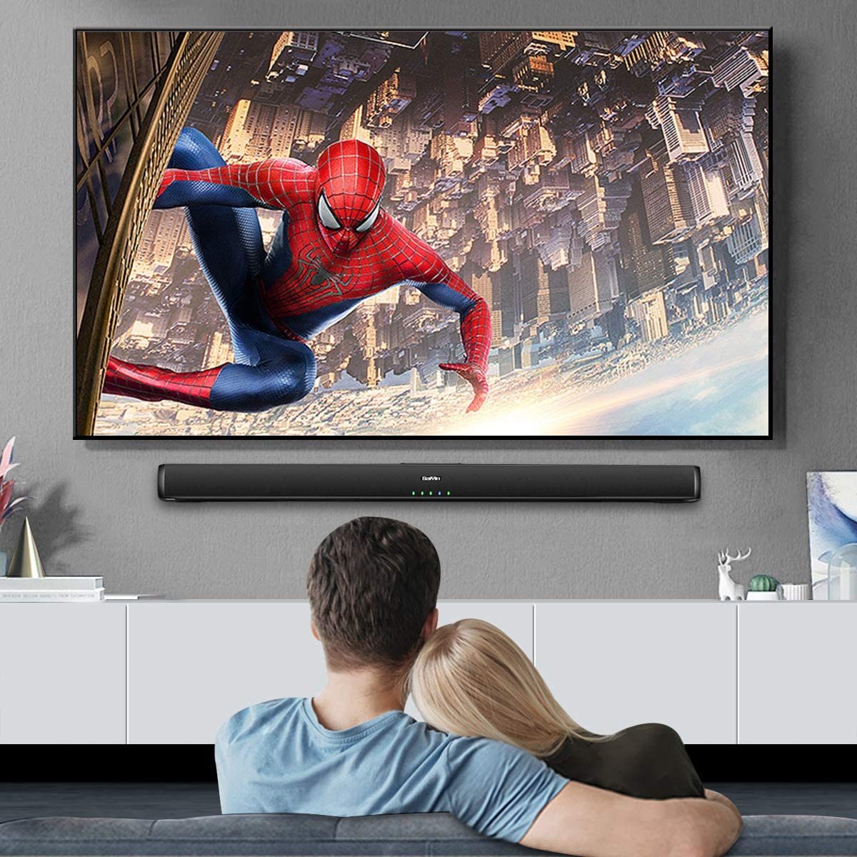 Saiyin Sound Bars for TV，有线和无线蓝牙 5.0 电视立体声扬声器 Soundbar 32'' 家庭影院环绕声系统光学/同轴/RCA 连接，壁挂式