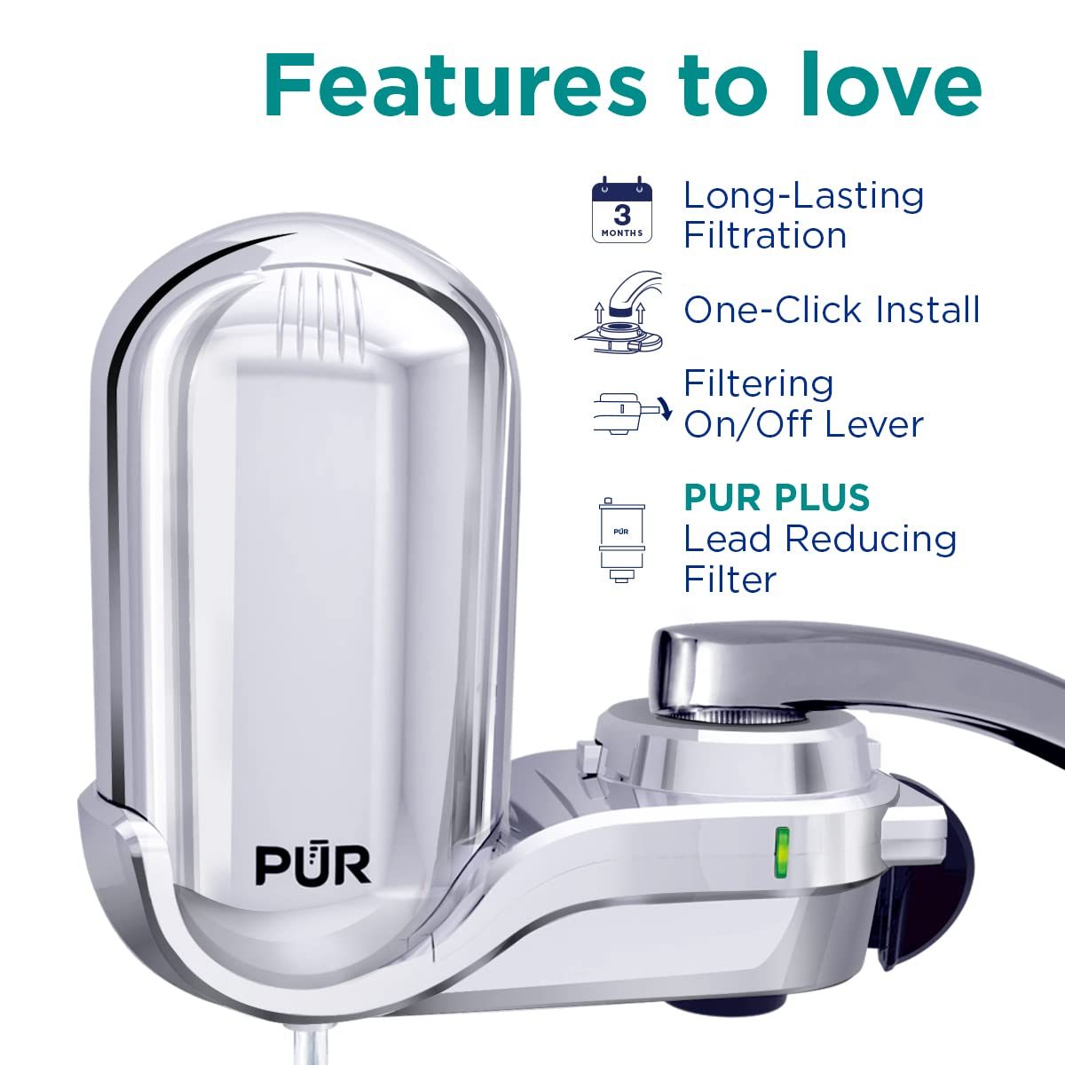 PUR PLUS 水龙头安装滤水系统，镀铬 – 用于水槽的立式水龙头安装滤水器 – 清爽、美味的过滤水，FM3700