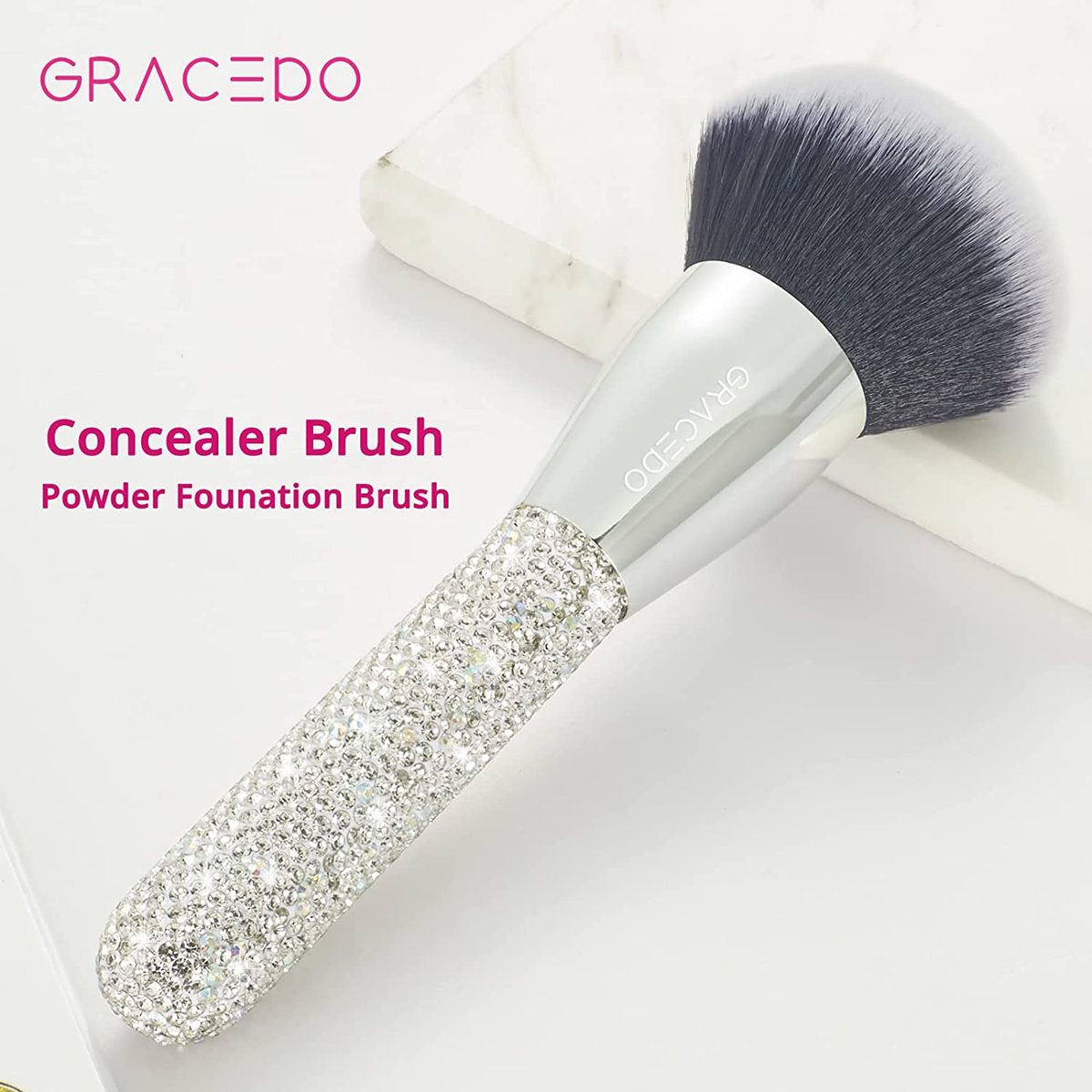 Bling Powder 化妆刷，带钻石水钻手柄，大号矿物全脸定妆粉底刷，Vegan Face Foundation Brush 用于古铜色修容，松散、矿物、紧凑、半透明粉末
