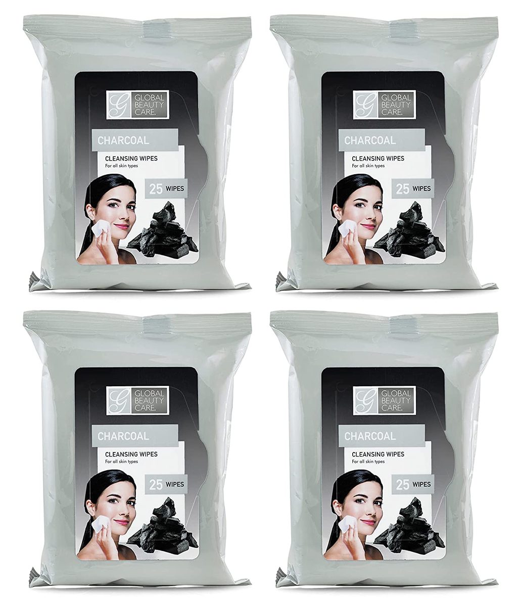 Global Beauty Care 散装清洁湿巾预润湿 4 包木炭清洁布卸妆湿巾 - 非常适合旅行用品 - 100 克拉（4 件装）