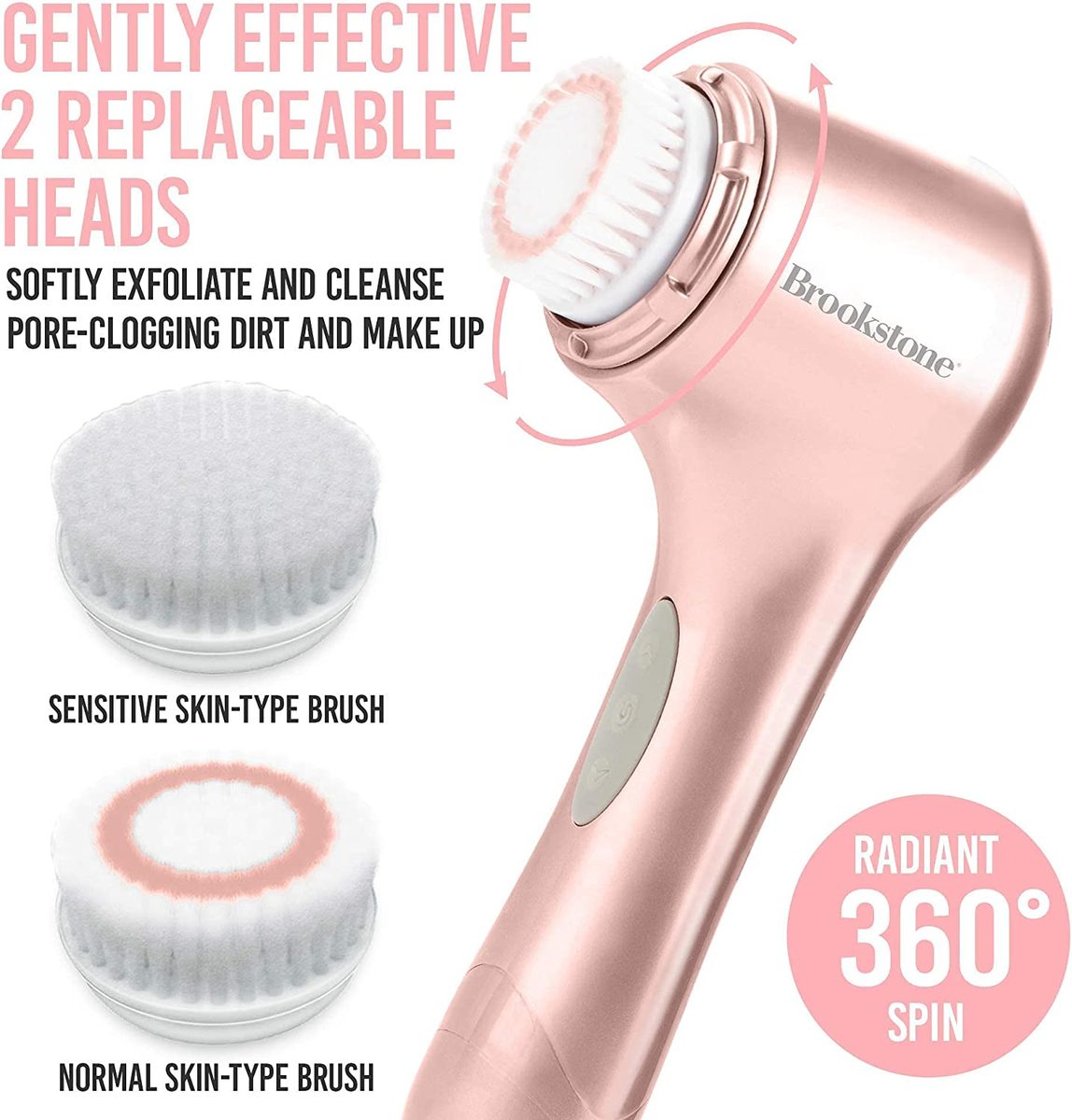 Brookstone 3 合 1 玫瑰金面部护肤套装 |面部护肤产品包括洁面刷、T 型面部按摩器和面部脱毛器 |完美的礼物