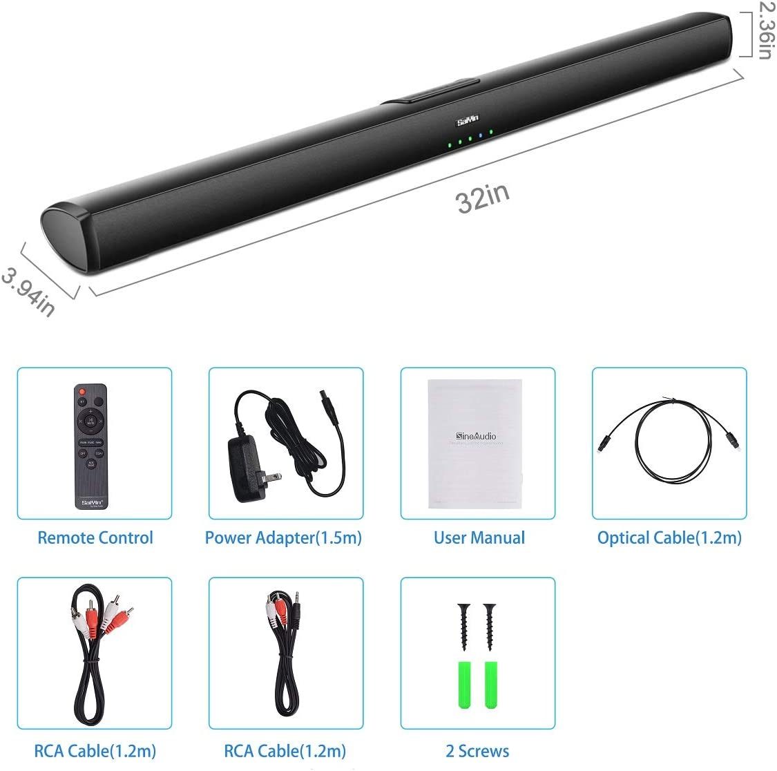 Saiyin Sound Bars for TV，有线和无线蓝牙 5.0 电视立体声扬声器 Soundbar 32'' 家庭影院环绕声系统光学/同轴/RCA 连接，壁挂式