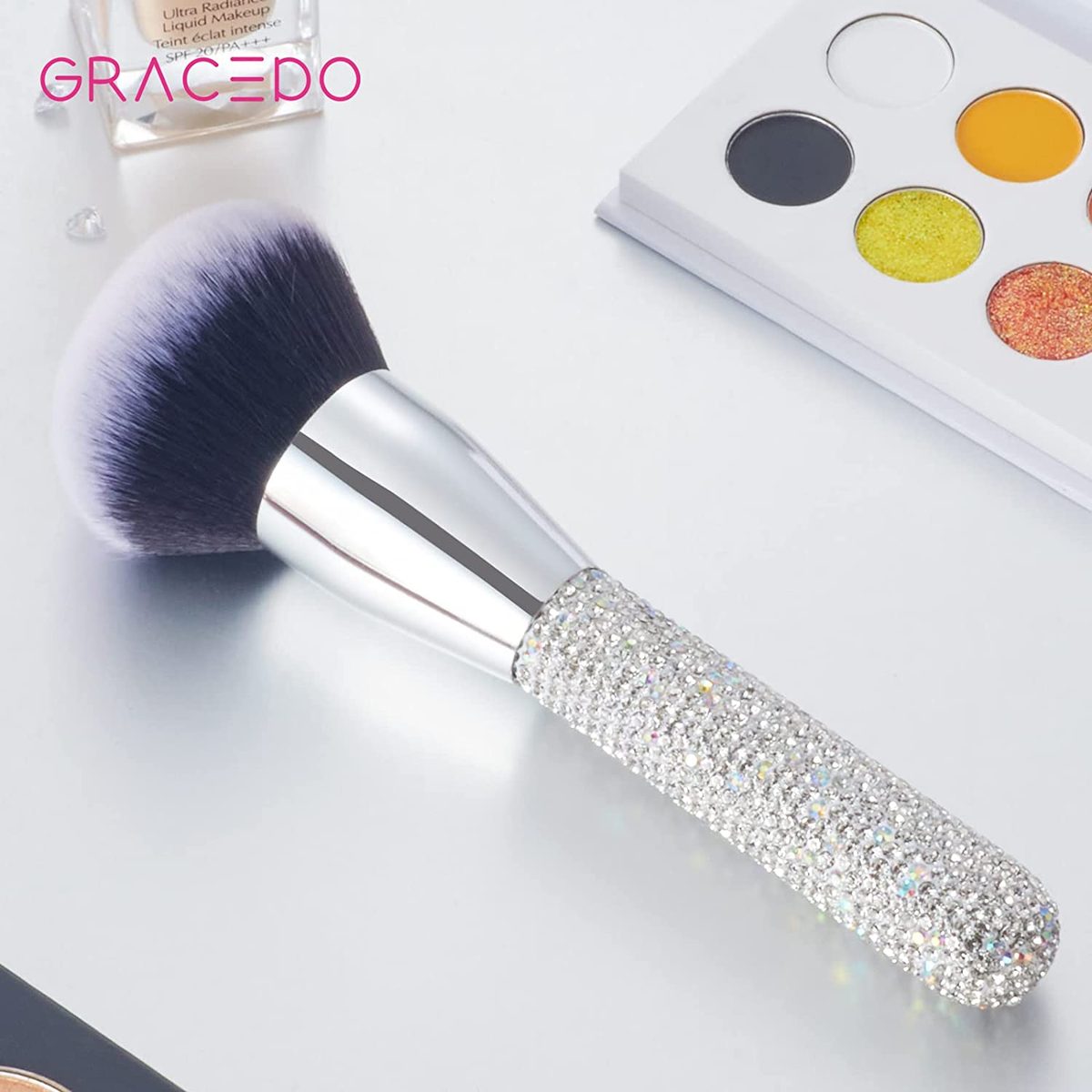 Bling Powder 化妆刷，带钻石水钻手柄，大号矿物全脸定妆粉底刷，Vegan Face Foundation Brush 用于古铜色修容，松散、矿物、紧凑、半透明粉末