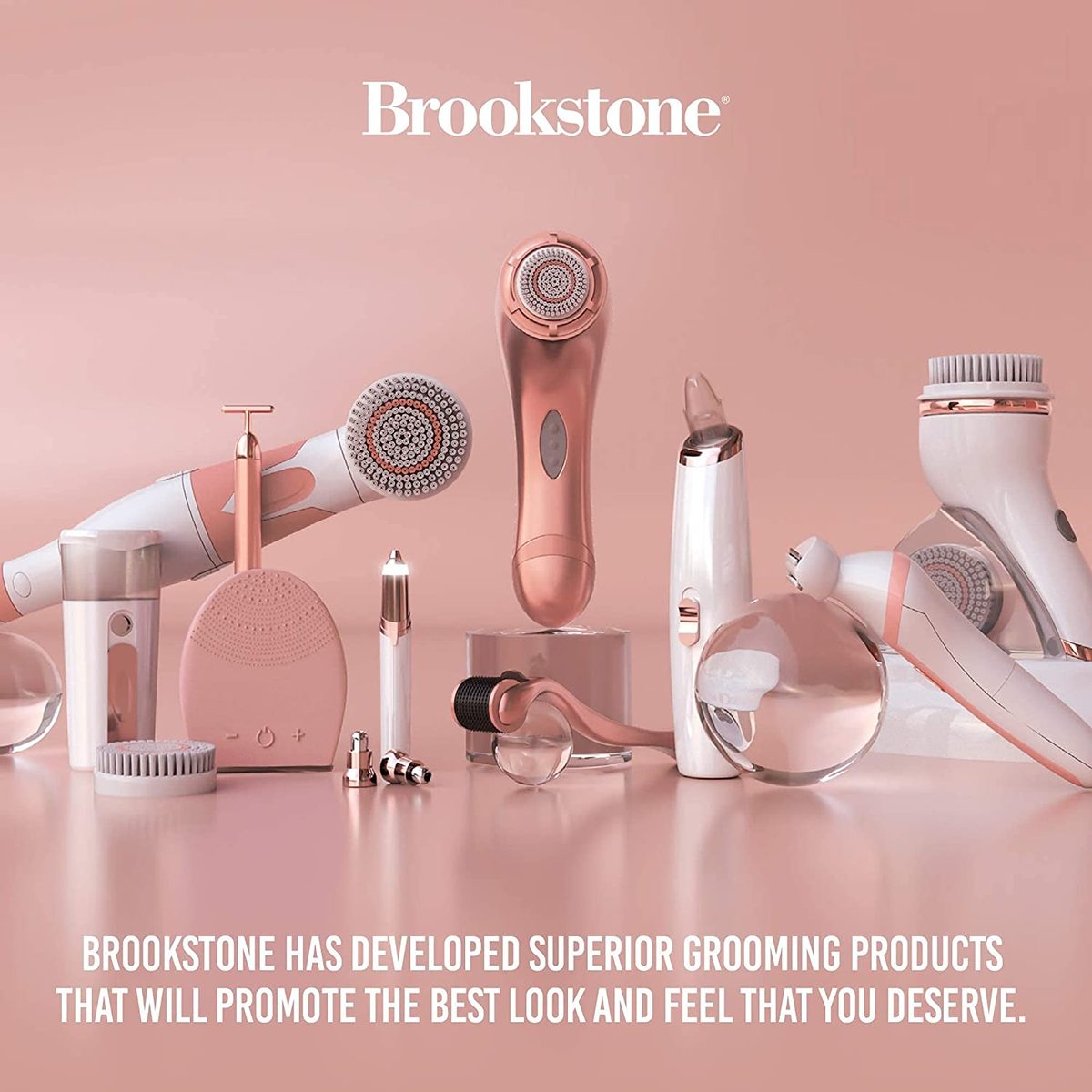 Brookstone 3 合 1 玫瑰金面部护肤套装 |面部护肤产品包括洁面刷、T 型面部按摩器和面部脱毛器 |完美的礼物