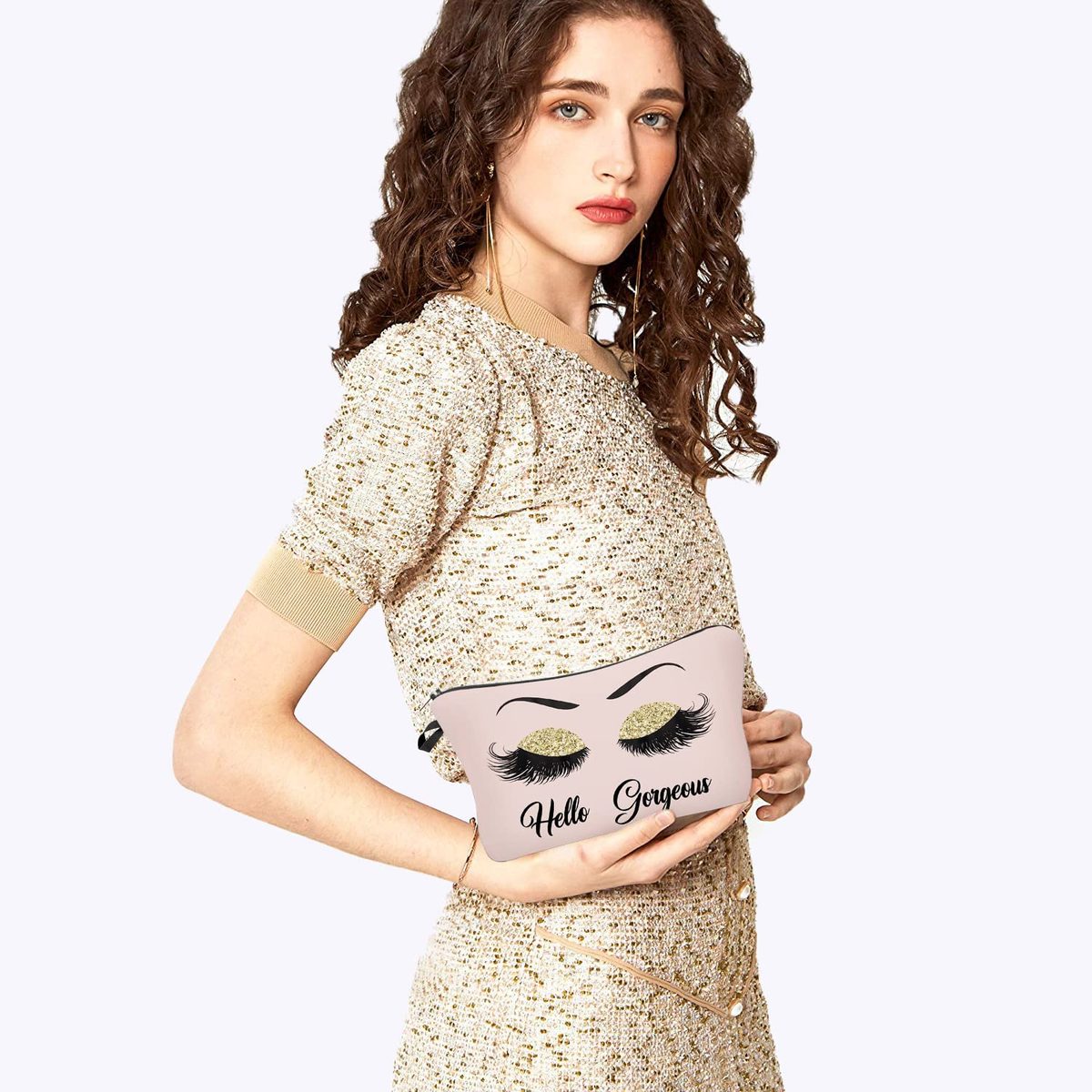 Hello Gorgeous 化妆包钱包睫毛粉红色化妆包女士励志礼物女孩小趣味化妆品闪光眼影旅行包盒化妆品配件收纳包