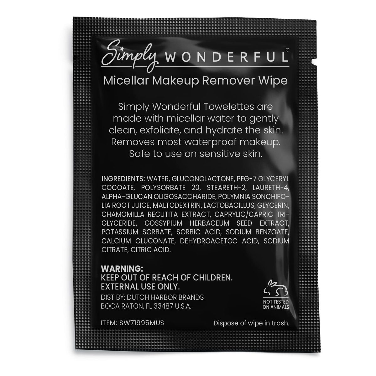 Simply Wonderful 卸妆湿巾 - 单独包装的带胶束水卸妆湿巾，用于面部湿巾清洁、卸妆、睫毛膏、唇膏、油污和污垢，100 片散装化妆湿巾