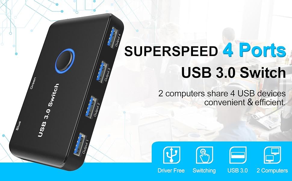 USB 3.0 切换器，ABLEWE USB 切换器 2 台计算机共享 4 个 USB 设备 KVM 切换器盒适用于 PC、打印机、扫描仪、鼠标、键盘，带 2 条装 USB 数据线（兼容 Mac/Windows/Linux）